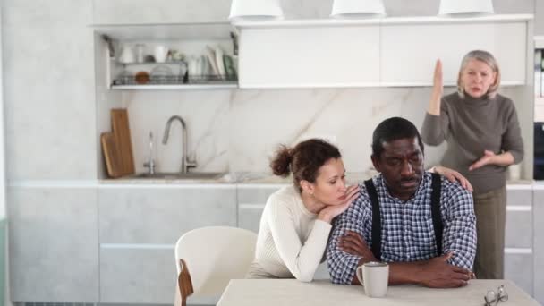 Wife Calms Husband Family Quarrel Mother Law High Quality Footage — стокове відео