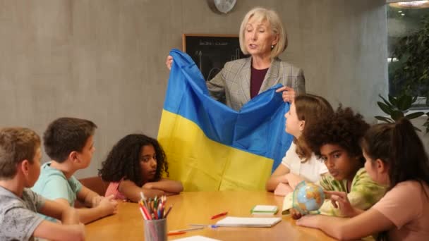 Professora Amigável Conduzindo Uma Lição Sala Aula Segura Bandeira Nacional — Vídeo de Stock