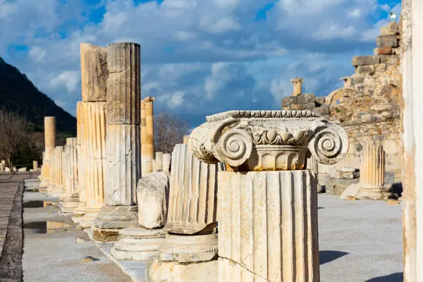 Stock image View of remains of State Agora colonnade on background of small Odeon used as bouleuterion and theatre in Greek settlement of Ephesus after reconstruction