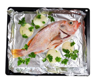 There is whole raw carcass of sea bass fish on baking sheet. Dish is decorated and seasoned with lemon slices, sprigs of parsley. process of cooking fish, close-up. Isolated over white background clipart