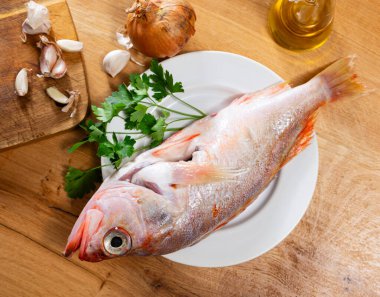 Raw whole red palometa fish with garlic and parsley on wooden desk clipart