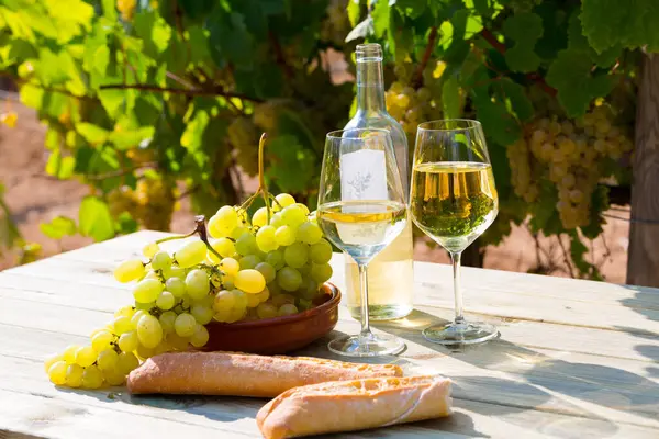 stock image Still life with wine, grapes and bread at table in vineyards at sunny day