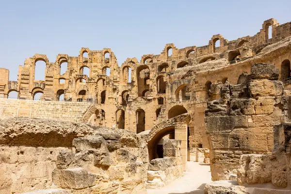 stock image Impressive ruins of the largest colosseum in North Africa, huge Roman amphitheater in the small village of El Jem, Tunisia