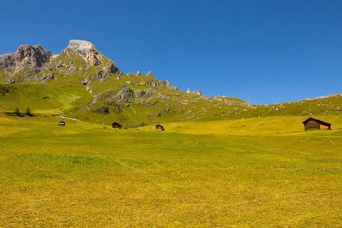 Scenic summer mountain landscape with rustic wooden cabins nestled in lush meadow at foot of rocky Dolomites on sunny day, Italy .. clipart