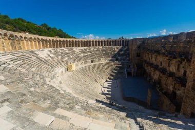 Panorama of the well-preserved Roman theatre in Aspendos in Antalya, Turkey clipart