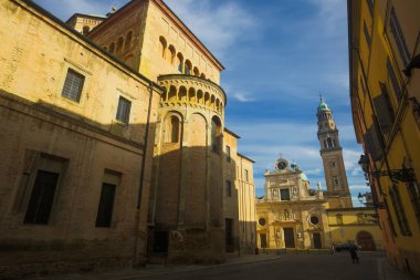 View of Parma Cathedral and San Giovanni Evangelista church in heart of Parma, Italy. clipart