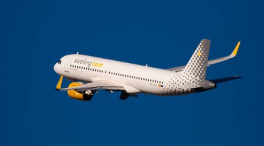 BARCELONA, SPAIN - FEBRUARY 2, 2020: Passenger EC-NCG Vueling Airbus A320neo taking off from Barcelona-El Prat Airport clipart