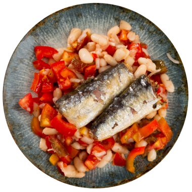 Delicious fresh salad with sardines, beans and pim tom served on plate. Isolated over white background clipart