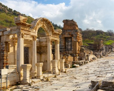 Ruins of ancient temple of Hadrian in main street of Curetes in Ephesus, near present day Selcuk in Turkey clipart