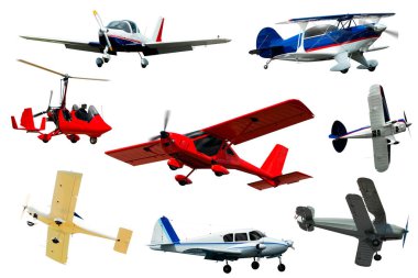 A lot of light aircraft: gyroplanes and gliders isolated on white background clipart