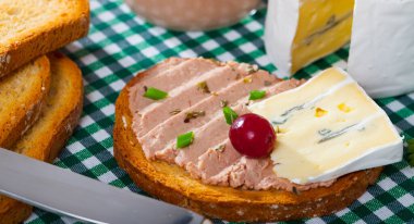 Appetizing toast with meat pate and slice of soft blue cheese garnished with cranberry clipart