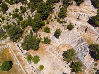 Drone view of stone ruins of ancient Arycanda city with theater and odeon in mountain area near Aykiricay village on sunny spring day. Archaeological and historical sights of modern Turkey clipart