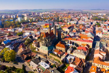 View from drone of ancient Gothic Archdeacon Church of St. Bartholomew in old Czech town of Kolin on Elbe River, Central Bohemian Region clipart