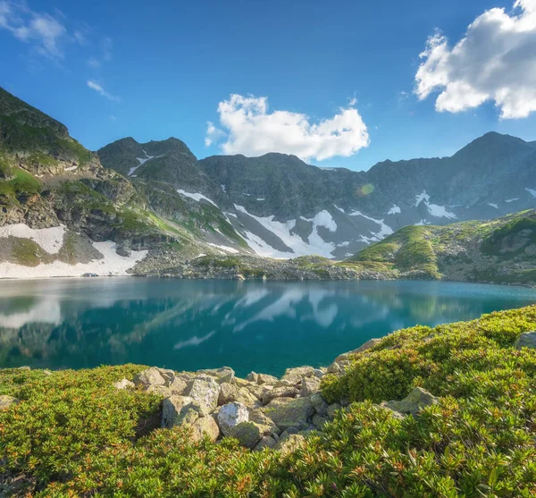 Beautiful summer landscape of Caucasus mountain. Arkasar Dukka lakes. Daylight mountain landscape.