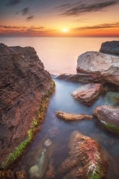 美しい海景 自然の組成 夕日の自然堆肥 水の霧と石の海藻 — ストック写真