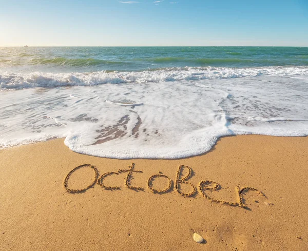 October Word Sea Sand Nature Cpmposition — Stock Photo, Image