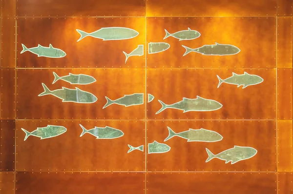 Υπόβαθρο Υφής Από Σιμπόλες Ψαριών Στον Τοίχο Στοιχείο Σχεδιασμού — Φωτογραφία Αρχείου