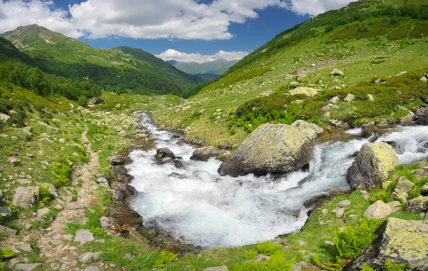 Ποταμός Πανόραμα Στην Κοιλάδα Του Βουνού Πανόραμα Της Φύσης — Φωτογραφία Αρχείου