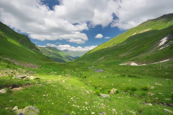 緑の夏の山の谷の日 自然景観 — ストック写真
