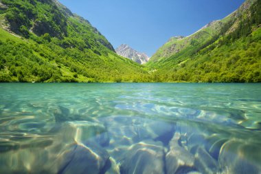 Gün ışığında dağda mavi göl. Doğa bileşimi.