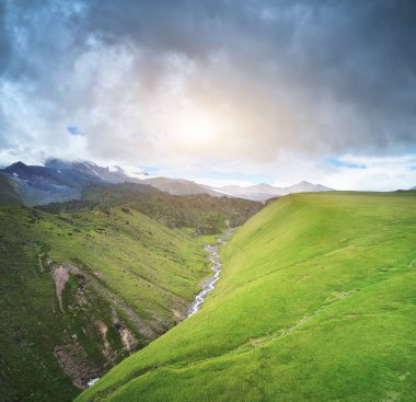 Dağ vadisindeki bahar nehri. Doğa bileşimi.