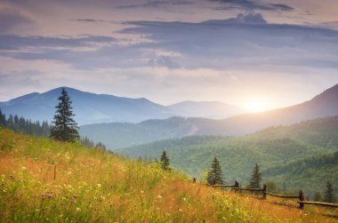 Sabahın erken saatlerinde Carpathian sıradağları. Güzel doğa pelerini.