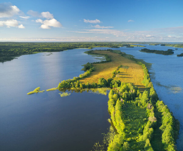 Aerial view of the famous Kizhi Pogost. Kizhi island, Lake Onega. Old church construction.