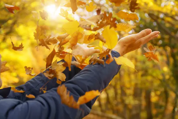 女性の手は秋の葉をキャッチしようとします エモーショナルシーン — ストック写真