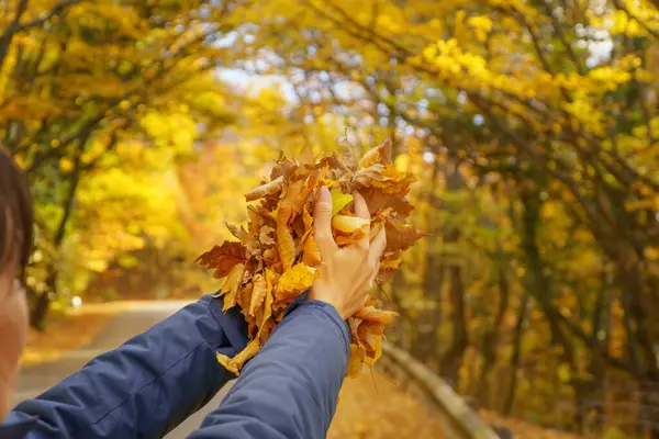 女性の手は秋の葉をキャッチしようとします エモーショナルシーン ストック画像