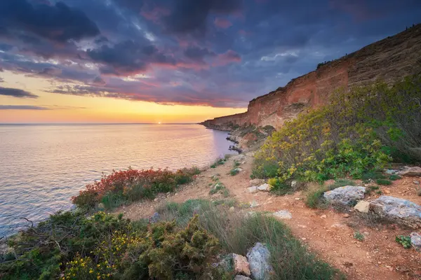 Güzel Bahar Doğası Deniz Manzarası Gün Batımında Doğa Bileşimi Stok Fotoğraf