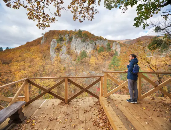 Młoda Kobieta Spogląda Jesienny Kanion Scena Przyrodnicza Ludzie Obraz Stockowy