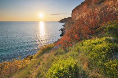Kayalıklarda gün batımı. Güzel bahar doğası ve deniz manzarası. Kompozisyonu gevşet.