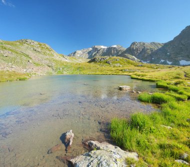 Beautiful summer landscape of Caucasus mountain lake. Daylight mountain landscape. clipart