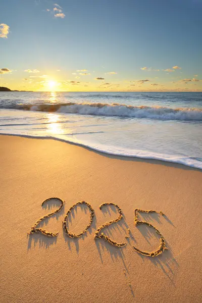 2025 yıl deniz kıyısında gün batımında. Tasarım elementi.
