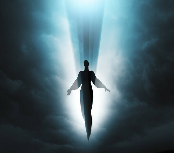 Soul silhouette rise to haven. Emotional and religion scene.