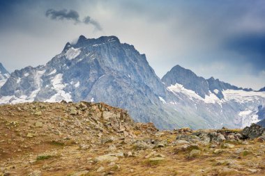 Bulutlu bir günde Dombay Ulgen Dağı buzulu. Doğa manzarası.