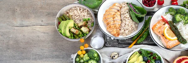Tabla Varios Platos Comida Saludable Surtido Alimentos Saludables Concepto Dieta —  Fotos de Stock