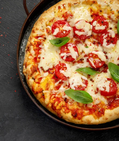 Freshly Baked Pizza Dark Background Tasty Homemade Food Concept Top — Stok fotoğraf