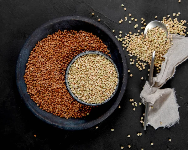 Raw Green Buckwheat Dark Background Food Ingredients Concept Organic Food — Fotografia de Stock