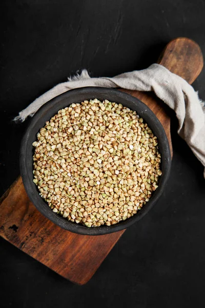 Raw Green Buckwheat Dark Background Food Ingredients Concept Organic Food — Zdjęcie stockowe