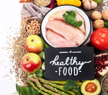 Dengeli beslenme geçmişi. Beslenme, temiz yeme konsepti. Vitaminli ve mineralli diyet planı. Üst görünüm.