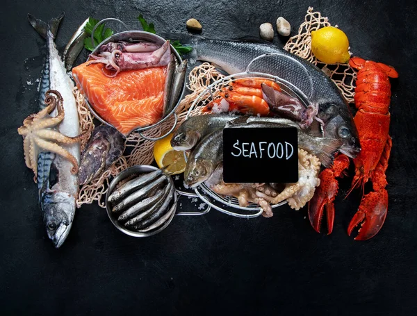 Fresh Fish Seafood Assortment Black Background Fish Market Healthy Diet — Stock Photo, Image
