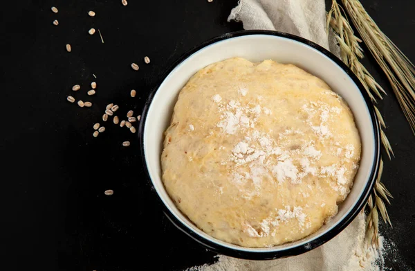 Raw Dough Pastry Bowl Dark Background Homemade Bio Food Concept — Stock Photo, Image
