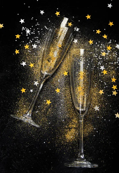 Two Champagne Glasses Christmas Decoration Black Background Background Happy New — Stock Photo, Image