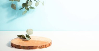 Konsept sahne gösterisi, ürün, promosyon satışı, sunum, güzellik kozmetiği. Tahta stüdyo boş. Kopyalama alanı olan Panorama.