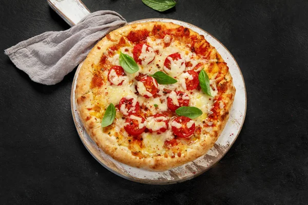 Freshly Baked Pizza Dark Background Tasty Homemade Food Concept Top — Stock fotografie