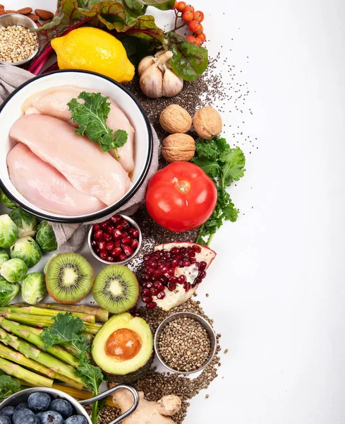 Balansert Kostholdsbakgrunn Ernæring Rent Matkonsept Kostholdsplan Med Vitaminer Mineraler Sett – stockfoto