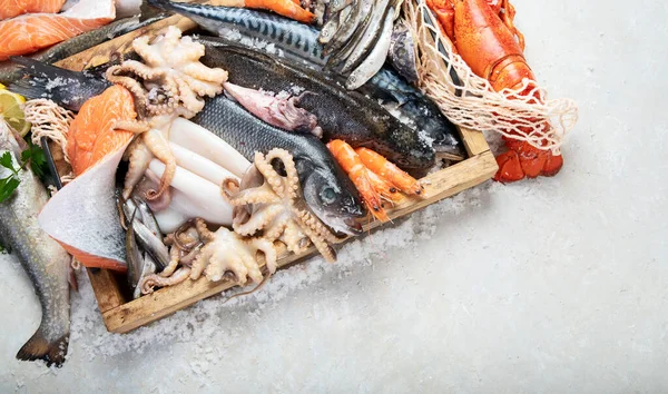 Owoce Morza Świeże Ryby Krewetki Ostrygi Ośmiornice Szarym Tle Widok — Zdjęcie stockowe