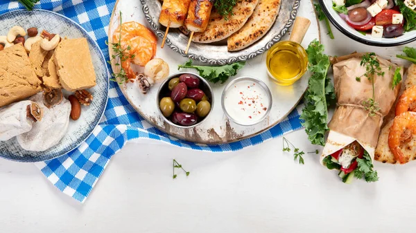 Greek Cuisine Dishes Neutral Background Traditional Food Concept Top View — Stockfoto