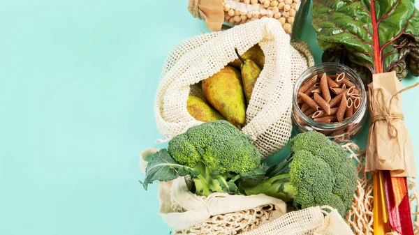 Diverse Biologische Groenten Fruit Herbruikbare Verpakkingszakken Milieuvriendelijk Lifestyle Concept Plastic — Stockfoto